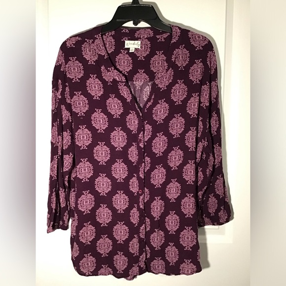 Wonderly Plum and Lavender Patterned Blouse Size L - Picture 2 of 4